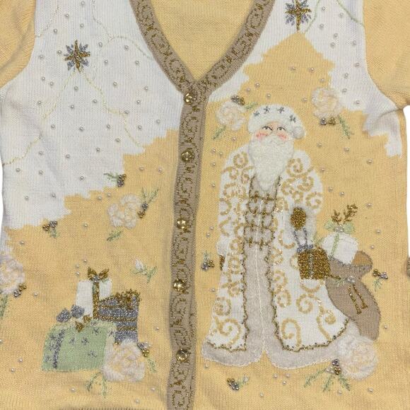 Father Christmas Holiday Butter Yellow Sweater Womens S Embroidered Art To Wear - Picture 5 of 10